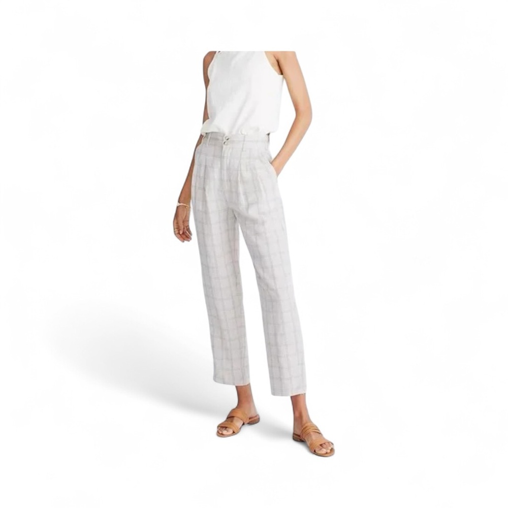 🤍🩶 EUC MADEWELL Cream & Gray Windowpane Pleated Taper Wide Leg Pants | Sz 4
